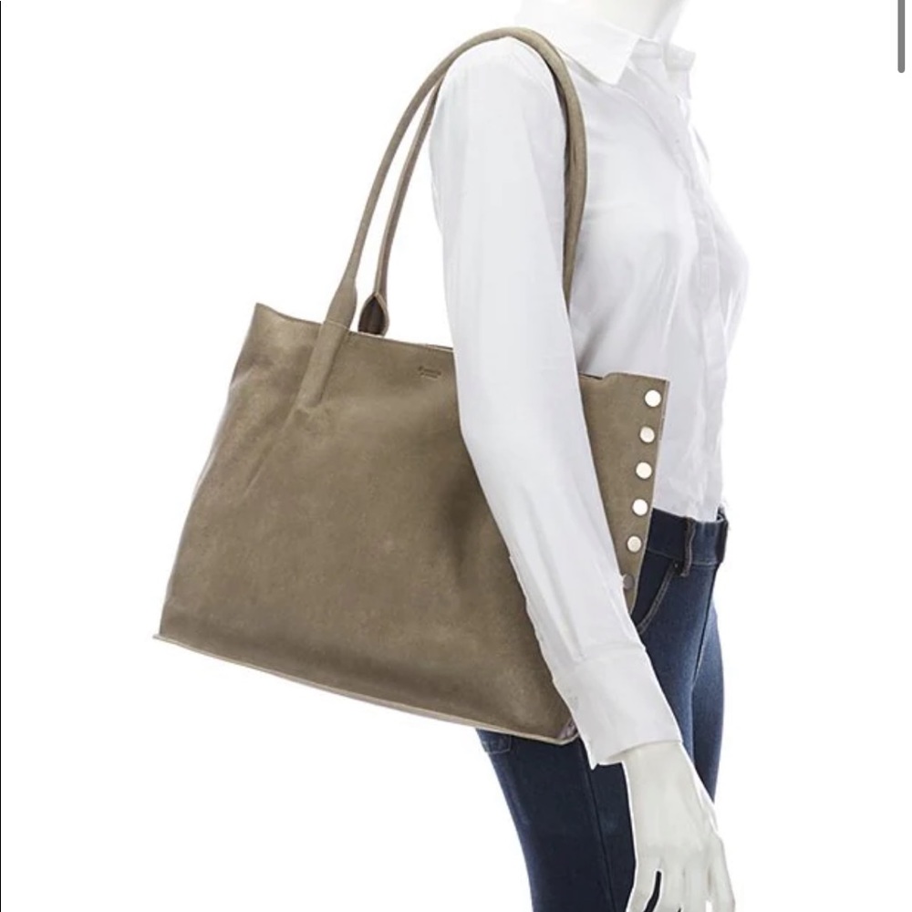 Hammit Oliver Zip Suede Brushed Studded Leather Tote Bag, pewter/bushes silver